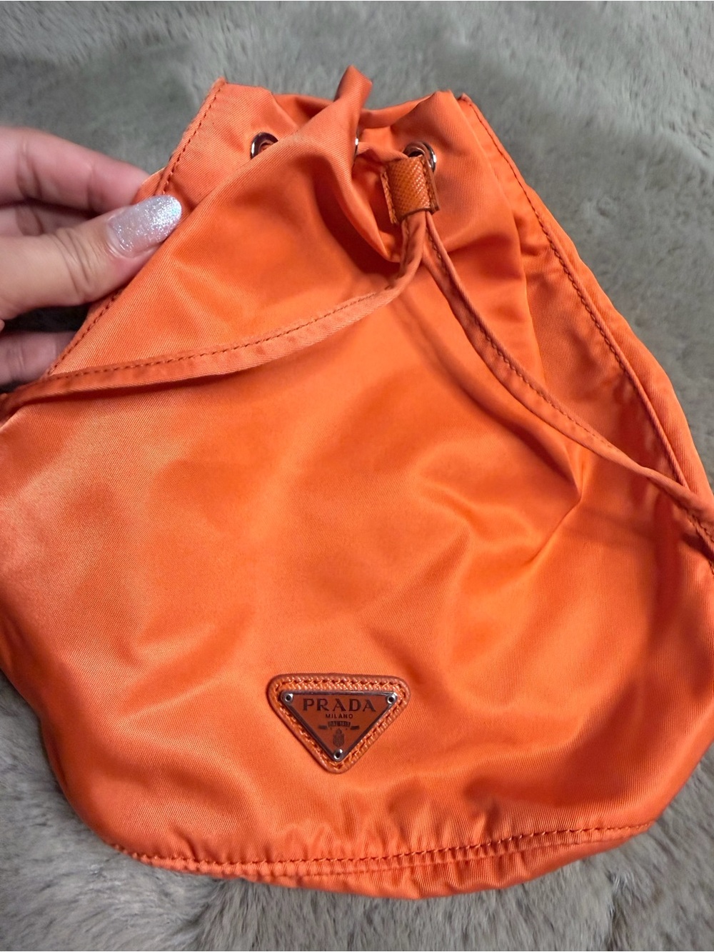 Prada Orange Nylon Drawstring Bucket Shoulder Bag